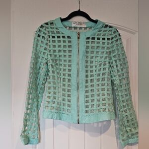 Mesh Light Aqua Open Weave Zip-Front Moto Pleather Jacket